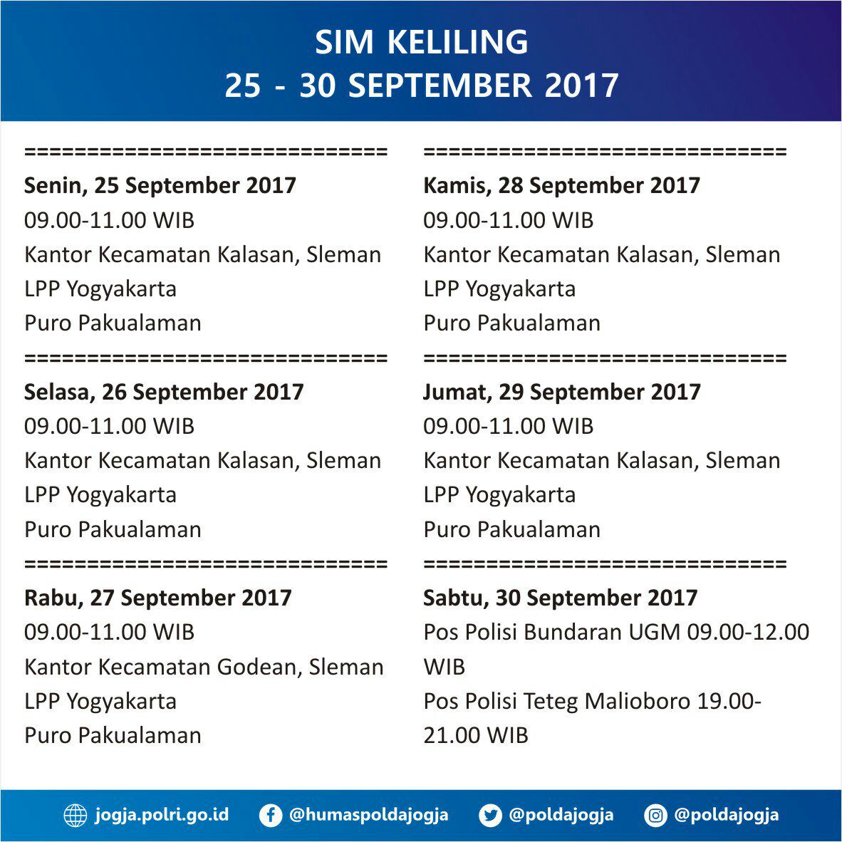 Jadwal SIM Keliling Yogyakarta 25-30 April 2024