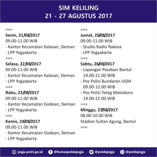 Jadwal SIM Keliling Yogyakarta 21-27 Maret 2024