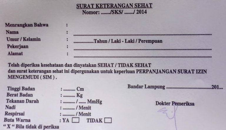 Surat Keterangan Sehat untuk Perpanjangan SIM, CPNS, Lamar ...
